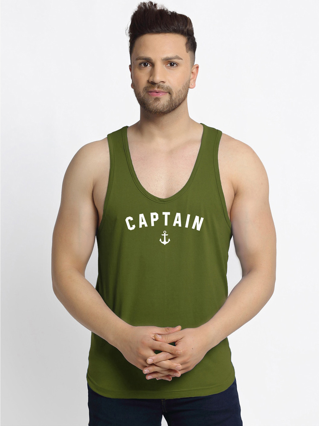 Friskers Men Olive Green & White Printed Cotton Innerwear Vests