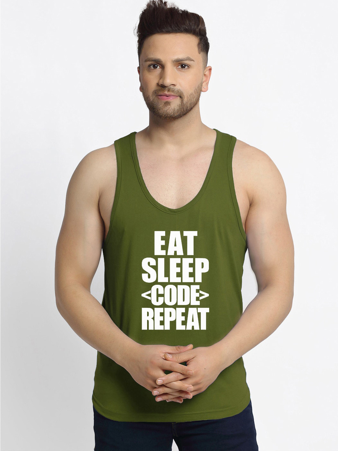 Friskers Men Olive Printed Eat Sleep Innerwear Vests