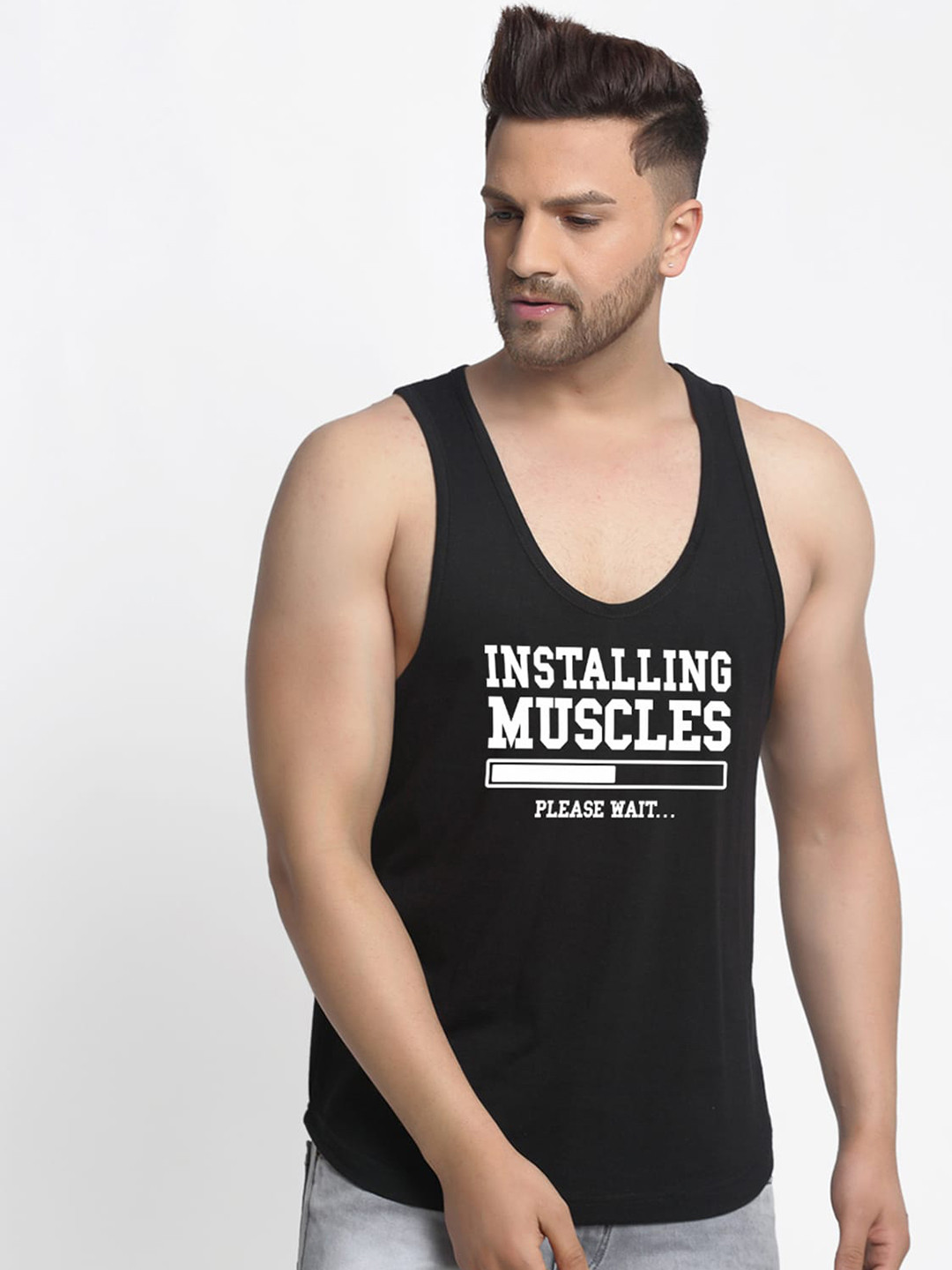 Friskers Men Black Printed Installing Muscles Innerwear Vests