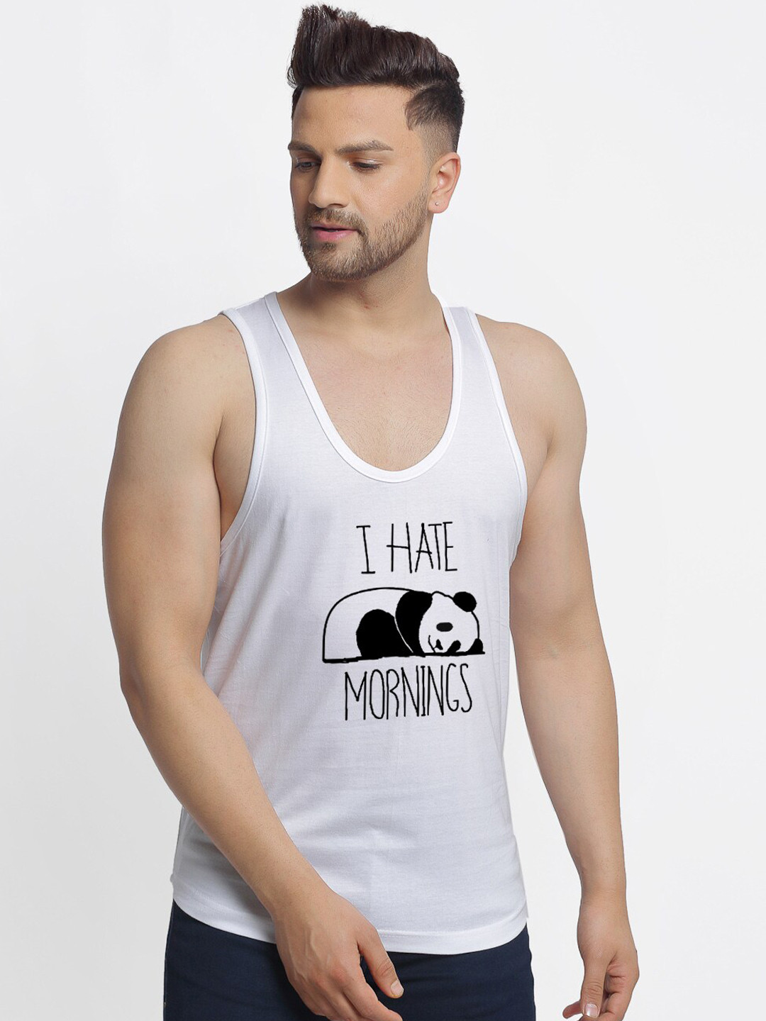 Friskers Men White Printed I Hate Mornings Innerwear Vests