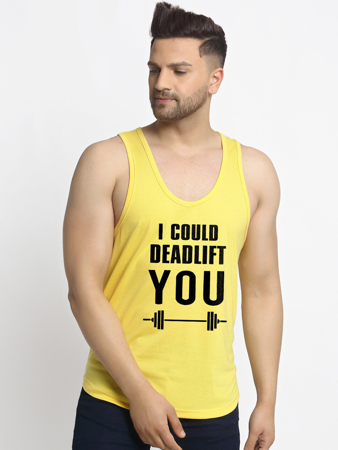 Friskers Men Yellow Printed I Could Deadlift You Innerwear Vests