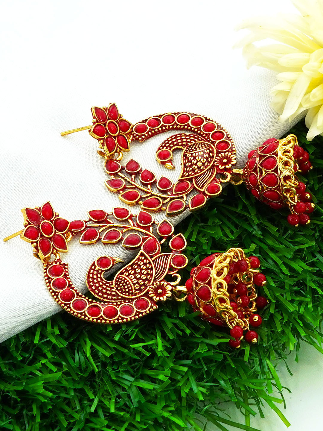 Fashion Frill Red Contemporary Jhumkas Earrings
