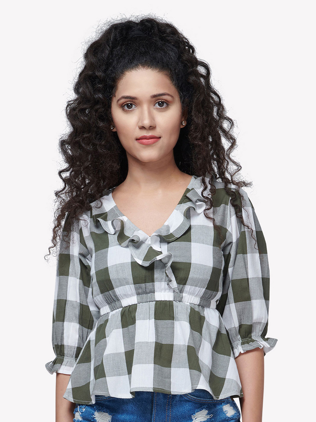 VASTRADO Olive Green Checked Wrap Top