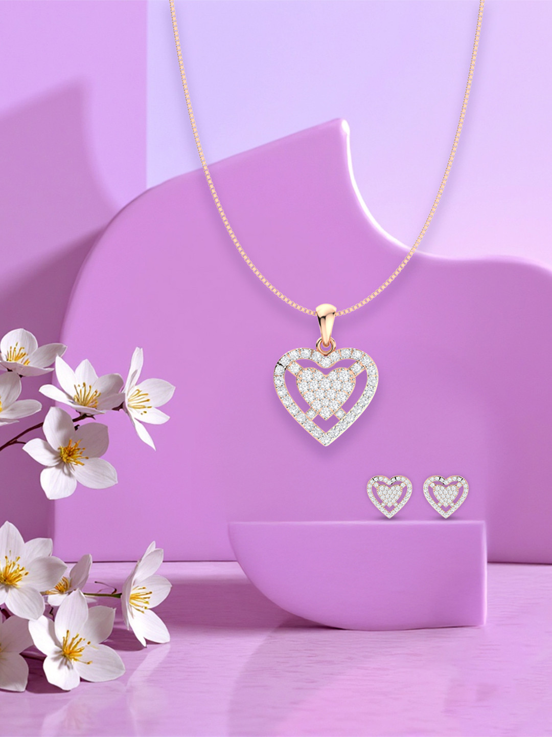 ANAYRA Silver Heart Shaped Pendent With Chain & Earrings Jewellery Set