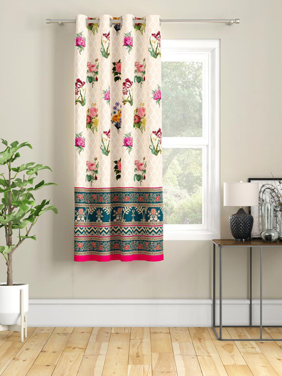 SEJ by Nisha Gupta Cream-Coloured & Pink Window Curtain