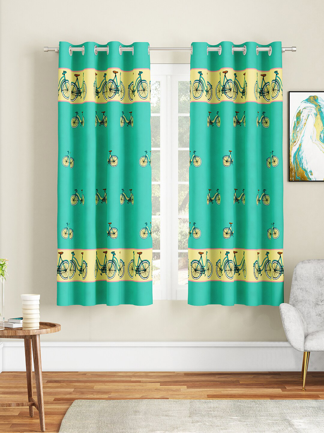 SEJ by Nisha Gupta Fluorescent Green & Beige Set of 2 Quirky Window Curtain