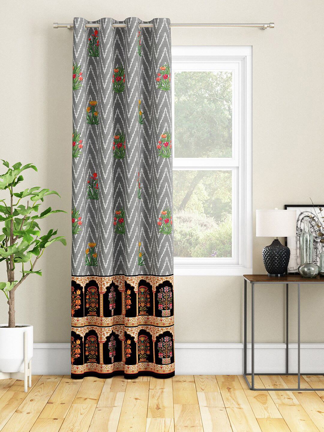 SEJ by Nisha Gupta Grey & Red Set of 2 Long Door Curtain