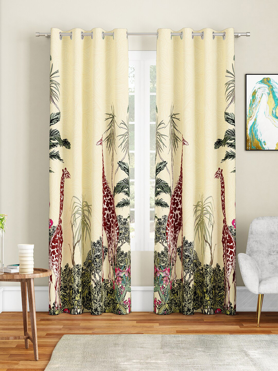 SEJ by Nisha Gupta Cream-Coloured & Green Set of 2 Long Door Curtain