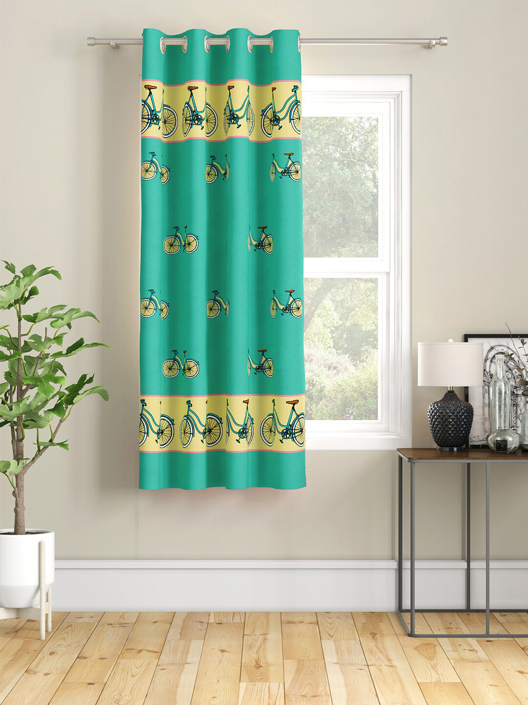 SEJ by Nisha Gupta Fluorescent Green & Yellow Quirky Window Curtain