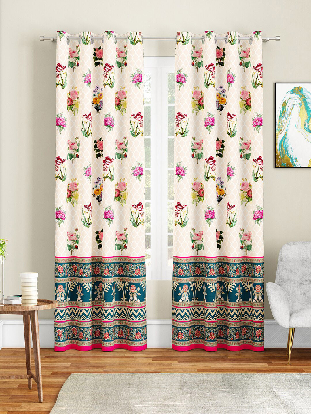 SEJ by Nisha Gupta Cream-Coloured & Green Set of 2 Floral Door Curtain