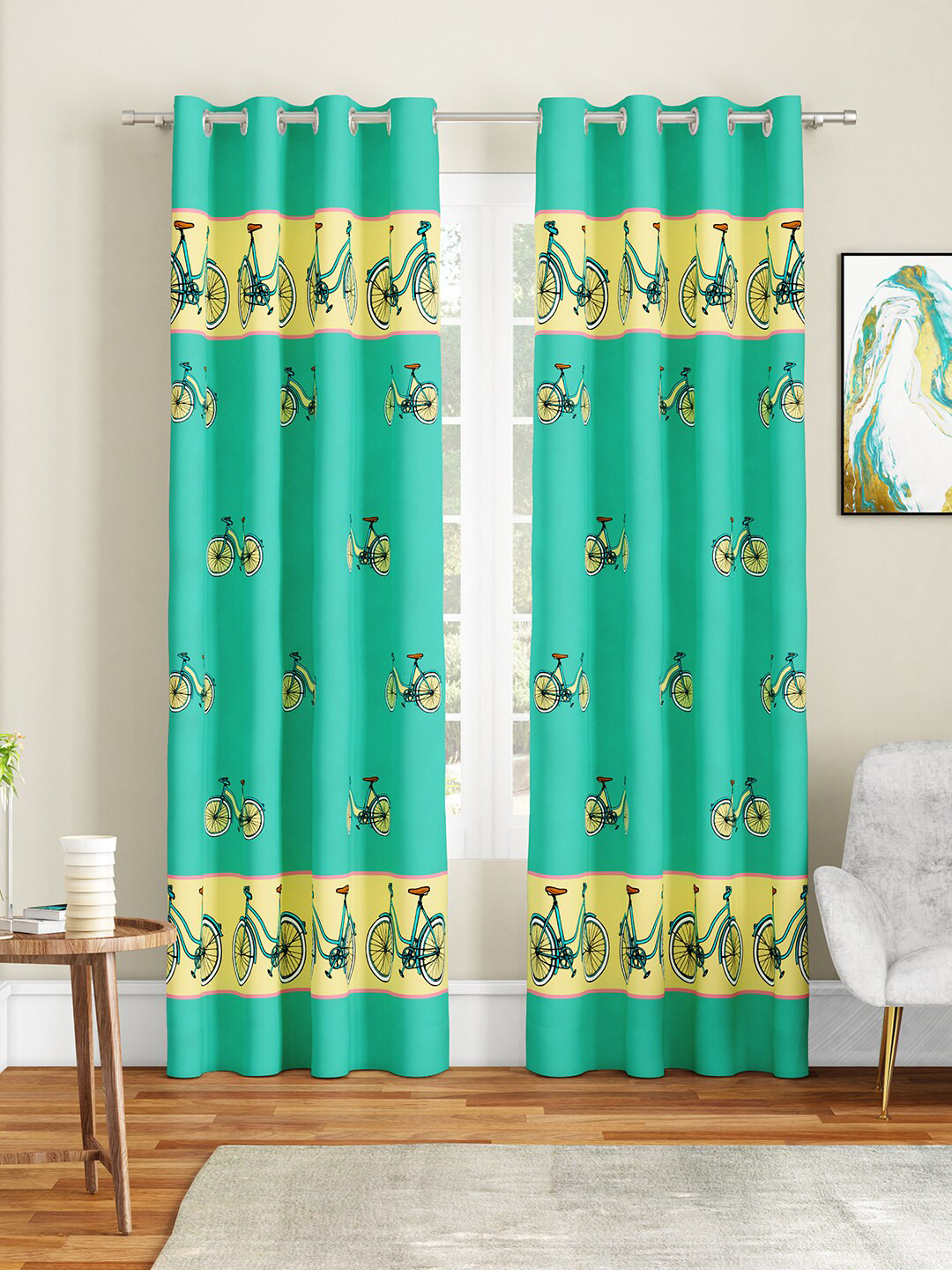 SEJ by Nisha Gupta Fluorescent Green & Beige Set of 2 Quirky Door Curtain