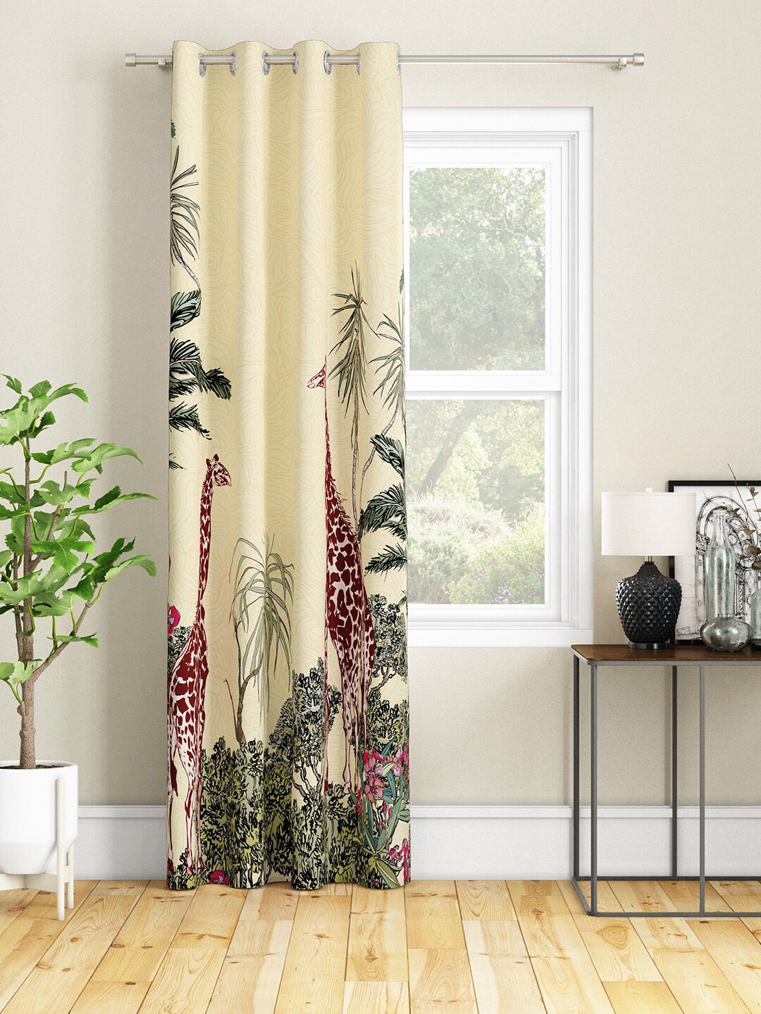 SEJ by Nisha Gupta Cream-Coloured & Red Floral Long Door Curtain