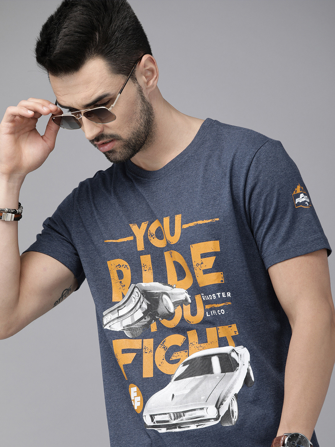 Roadster X Fast & Furious Men Blue Printed Pure Cotton T-shirt