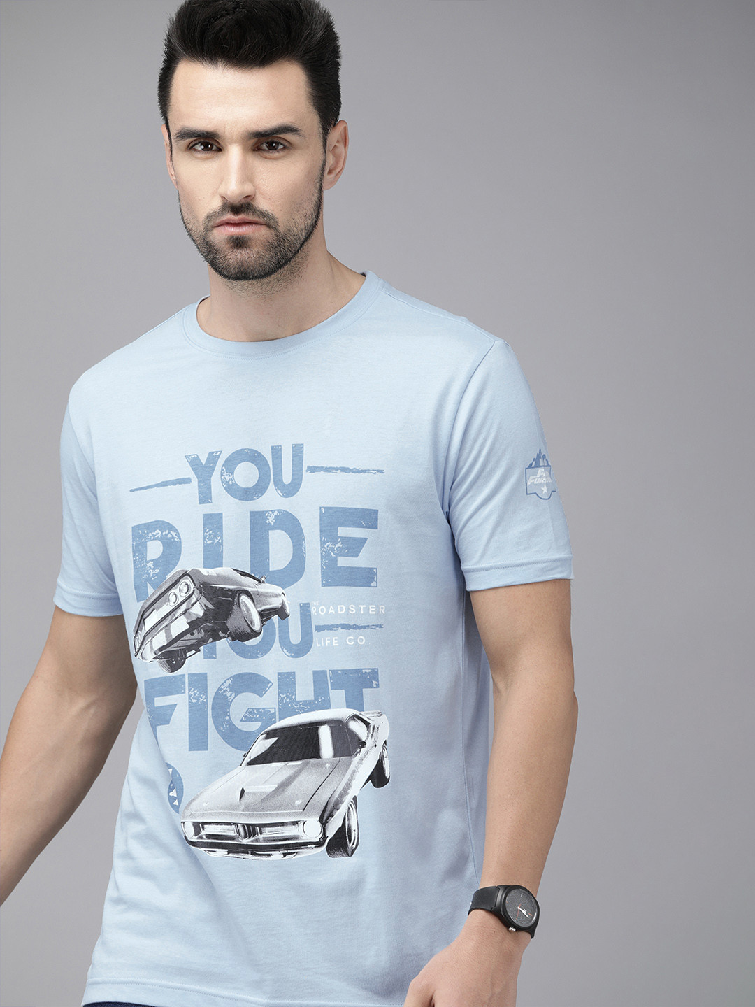 Roadster X Fast & Furious Men Blue & Black Typography Printed Pure Cotton T-shirt