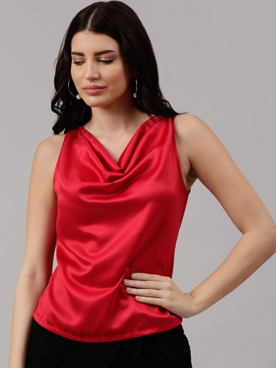 NEUDIS Red Cowl Neck Satin Top