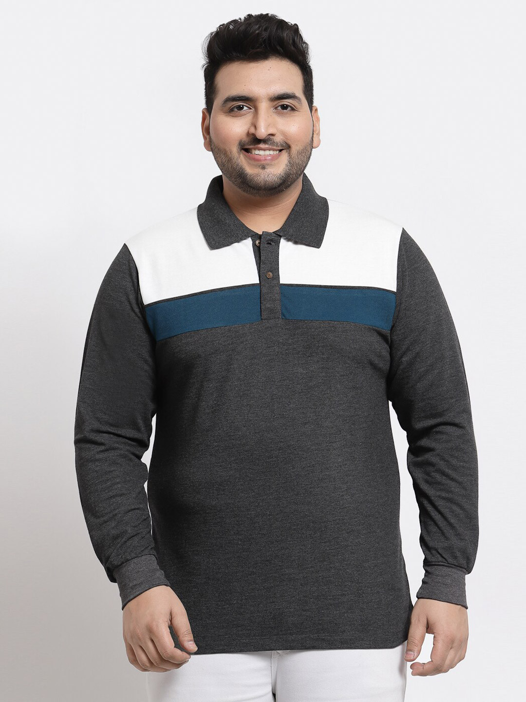 Kalt Men Plus Size Charcoal & White Colourblocked Polo Collar T-shirt