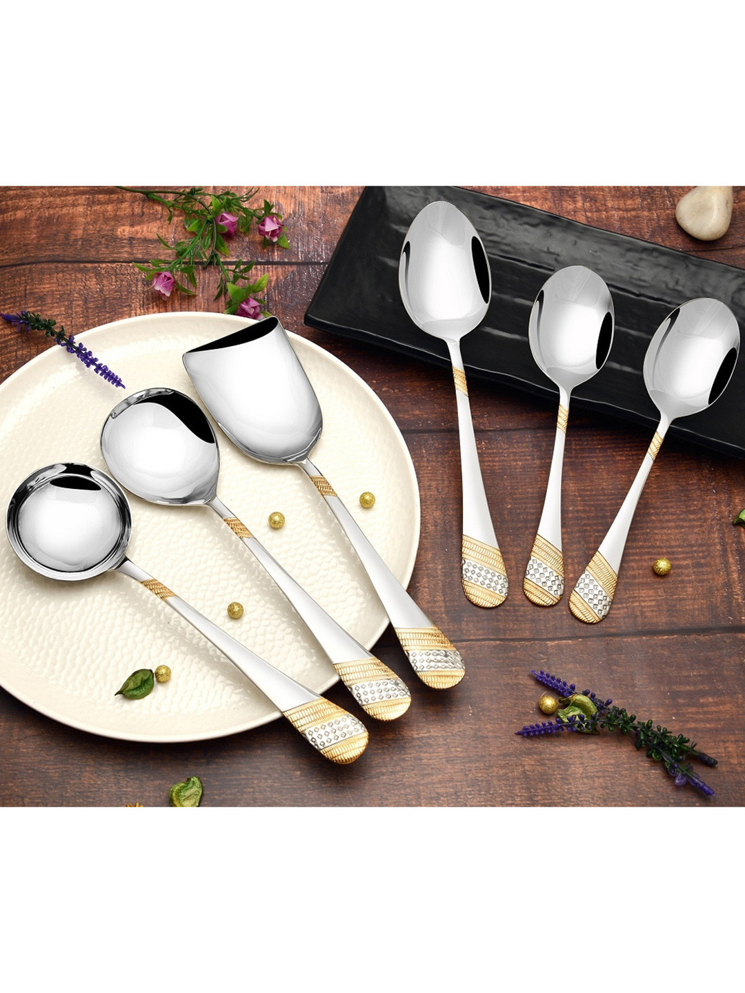 FNS Set Of 6 Silver & Gold Toned Serving Spoon Cutlery Set