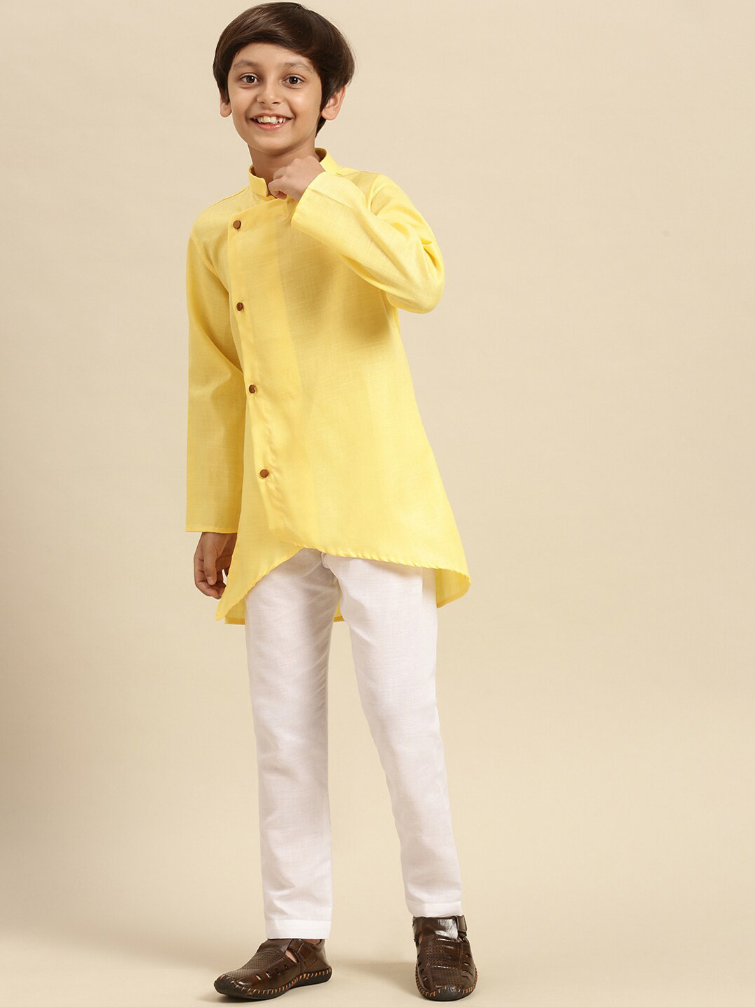 Here&Now X Sanwara Boys Yellow Striped Gotta Patti Pastels Kurta