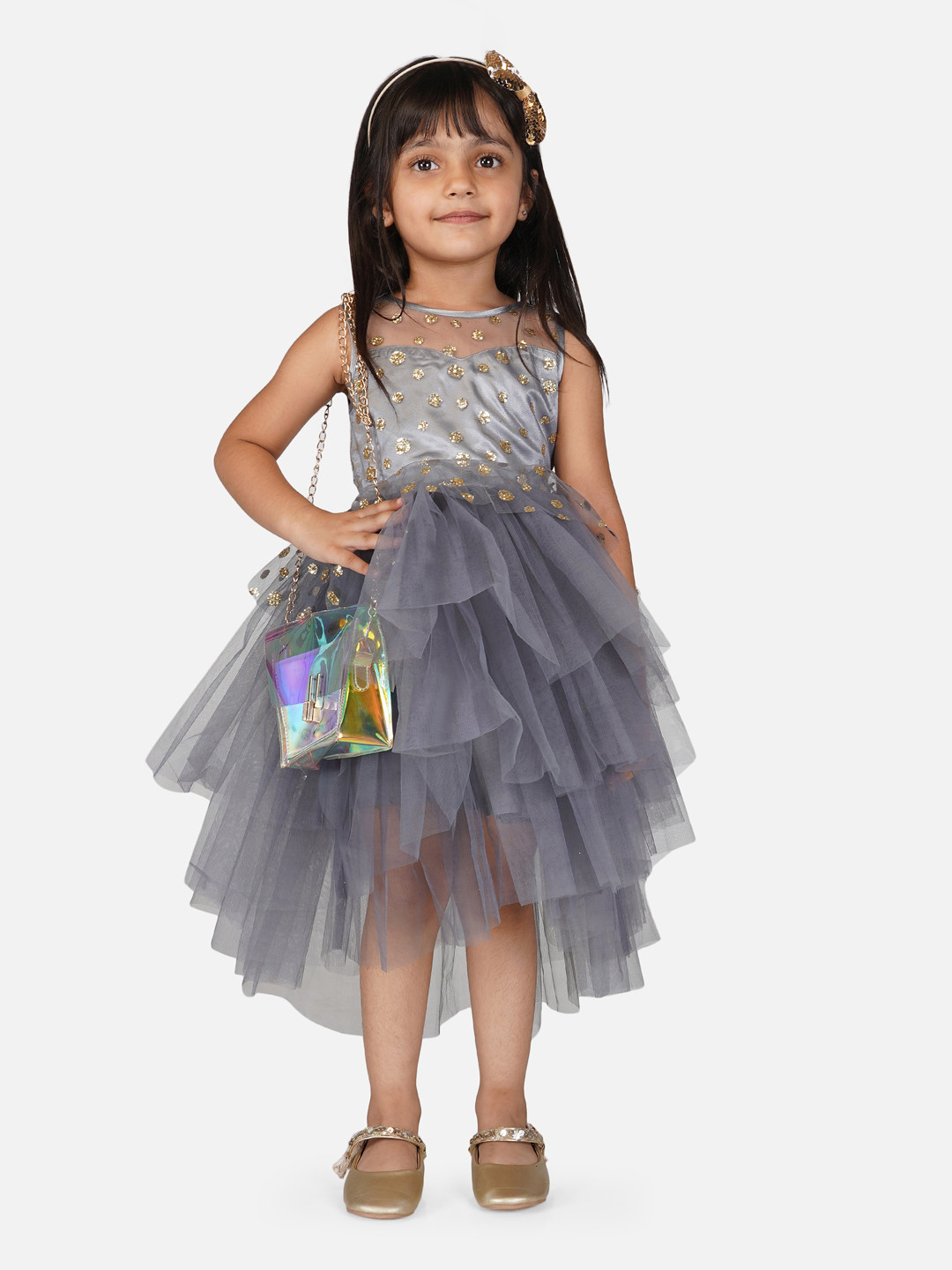 Toy Balloon Girls kids Grey & Gold-Toned Embellished Net Dress