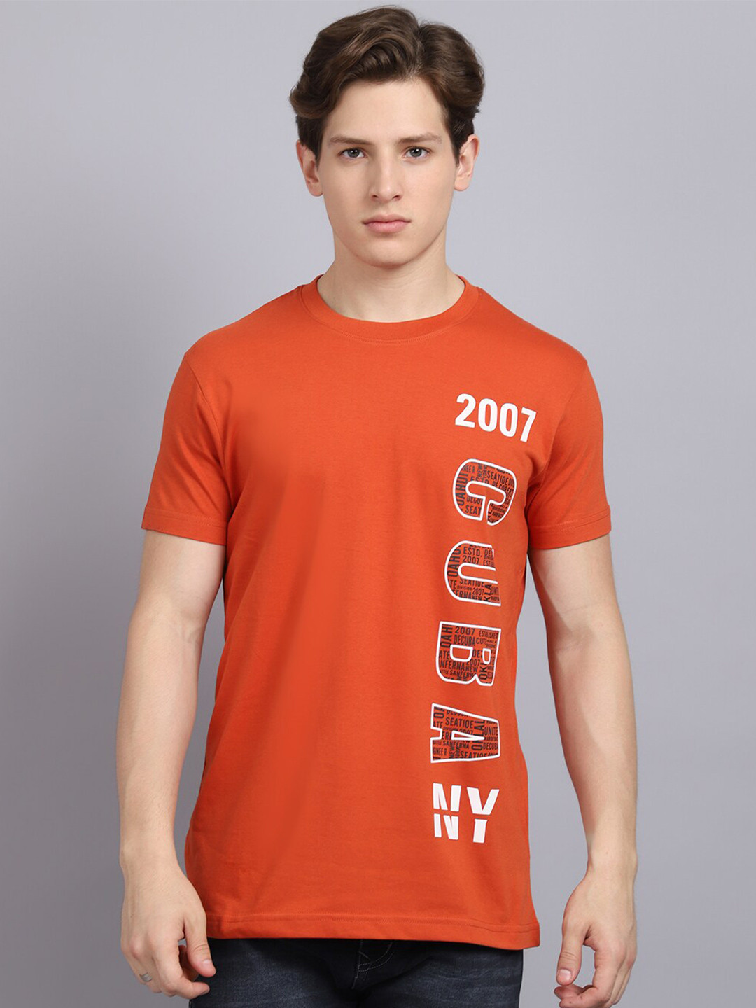 Rodamo Men Peach-Coloured Typography Printed Slim Fit T-shirt