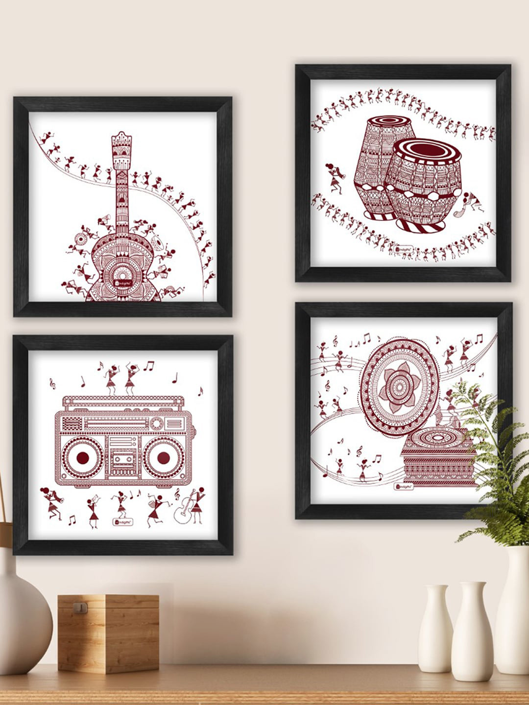 Indigifts Music Lover Artistic Wood Ethnic Motifs Glossy Hall 4Pcs Wall Hangings-6In