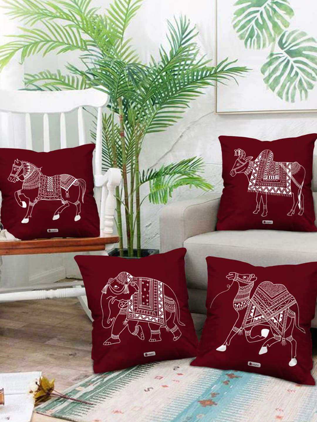 Indigifts Animal Printed Set of 4 Maroon Cushions