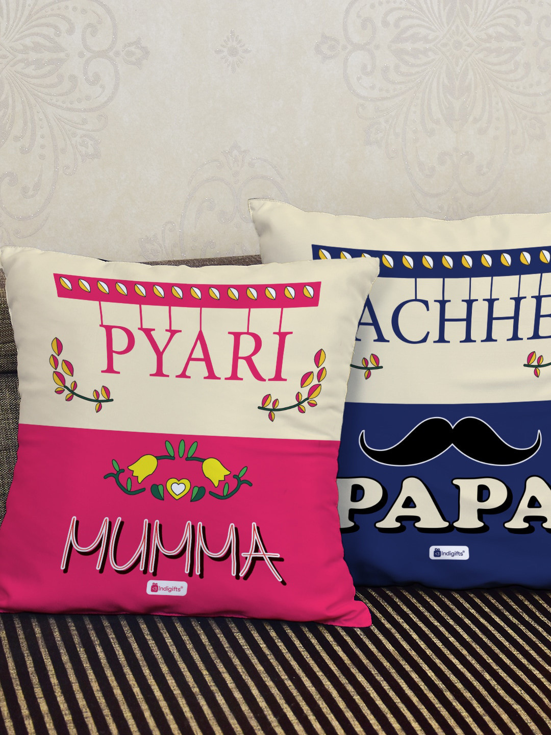 Indigifts Pink & Beige Pyari Mumma & Achhe Papa Printed Set of 2 Square Cushions