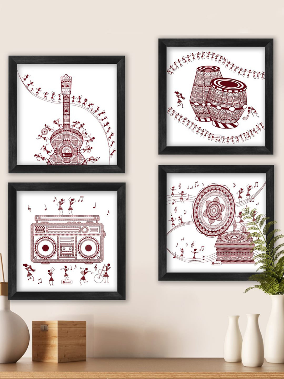 Indigifts Music Lover Artistic Wood Ethnic Motifs Matte Hall 4Pcs Wall Hangings-8In