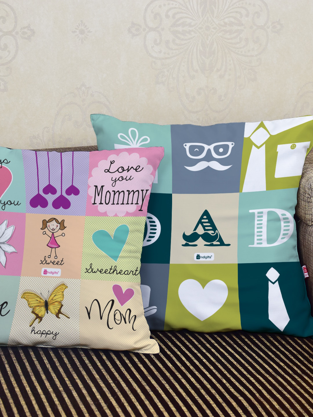 Indigifts Set Of 2 Mom And Dad Printed Cotton Cushion With Filler