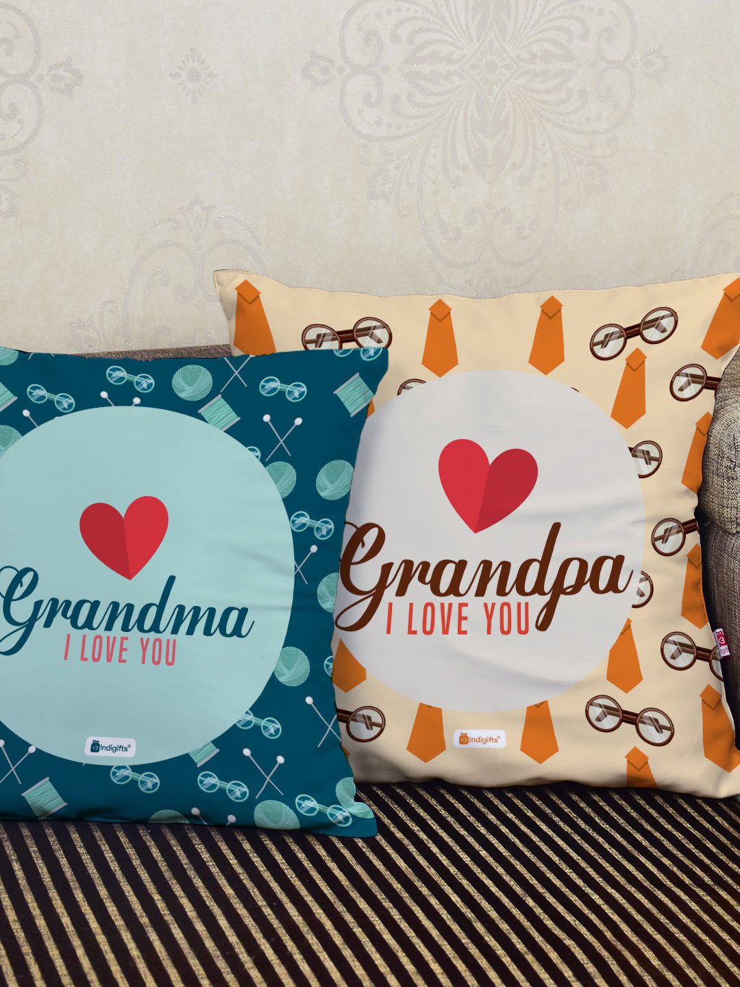 Indigifts I Love You Grandpa and Grandma Printed Set of 2 Pre-Filled Cushions