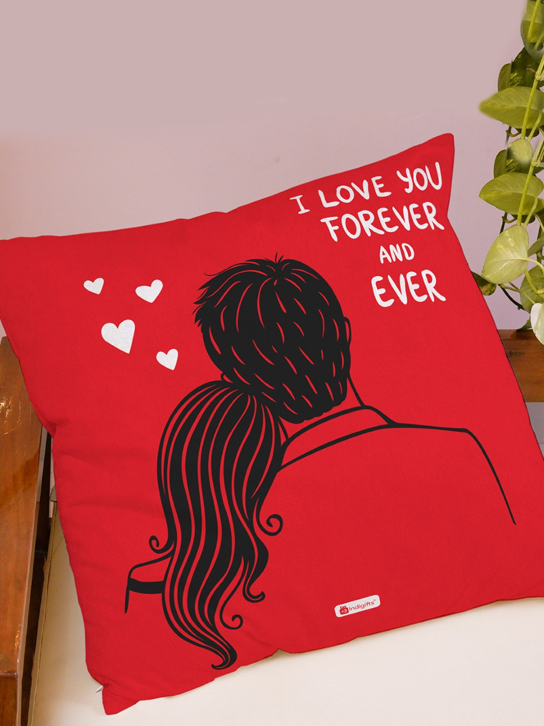 Indigifts Red & White I Love You Forever and Ever Printed Reversible Cushion