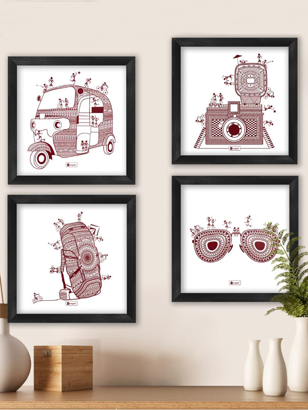 Indigifts Travel Lover Wood Ethnic Motifs Glossy Hanging Hall 4Pcs Wall Hangings-5.9In