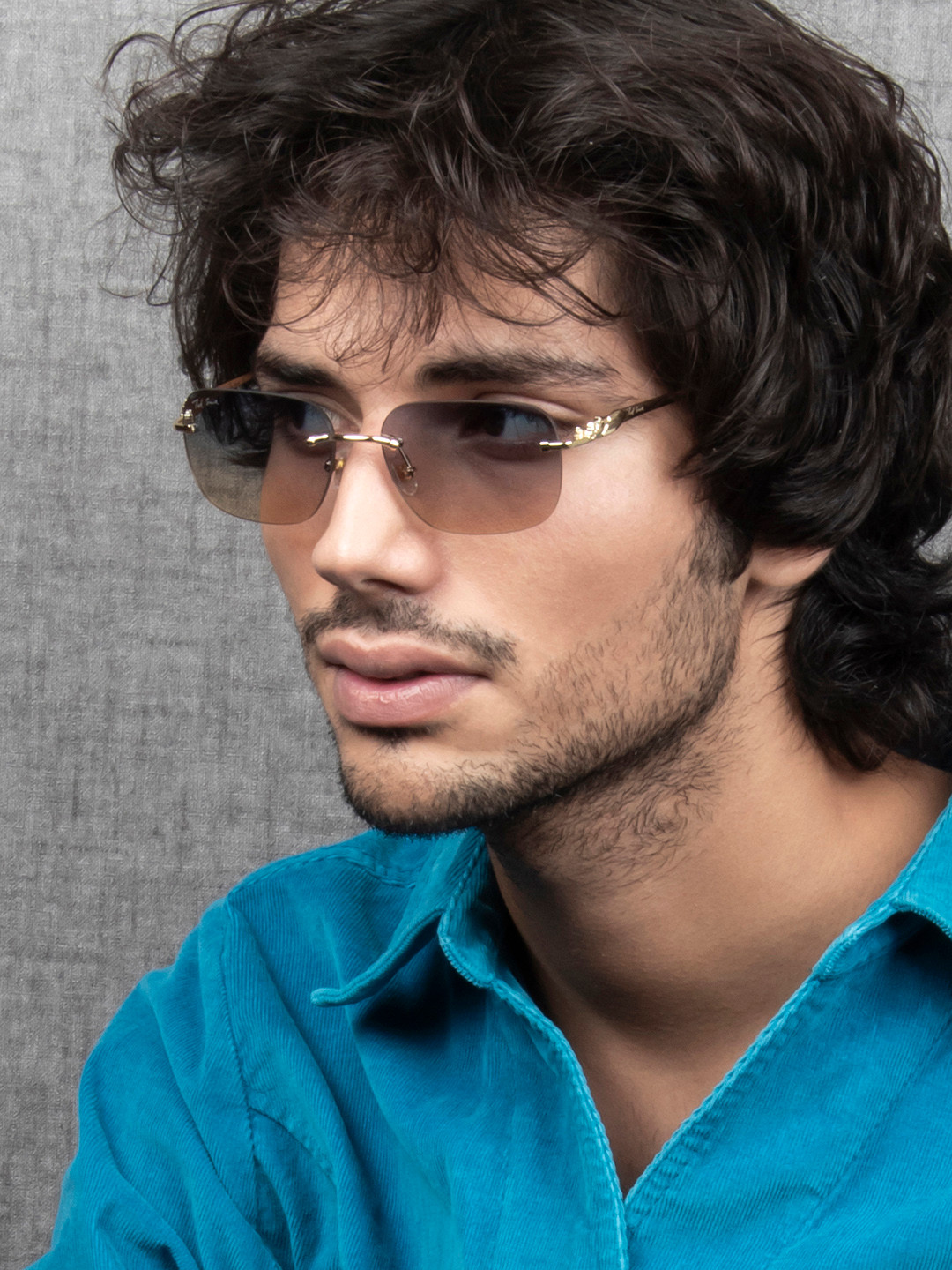 Ted Smith Unisex Gold-Blue Rlimless Square Sunglasses With UV Protected Lens