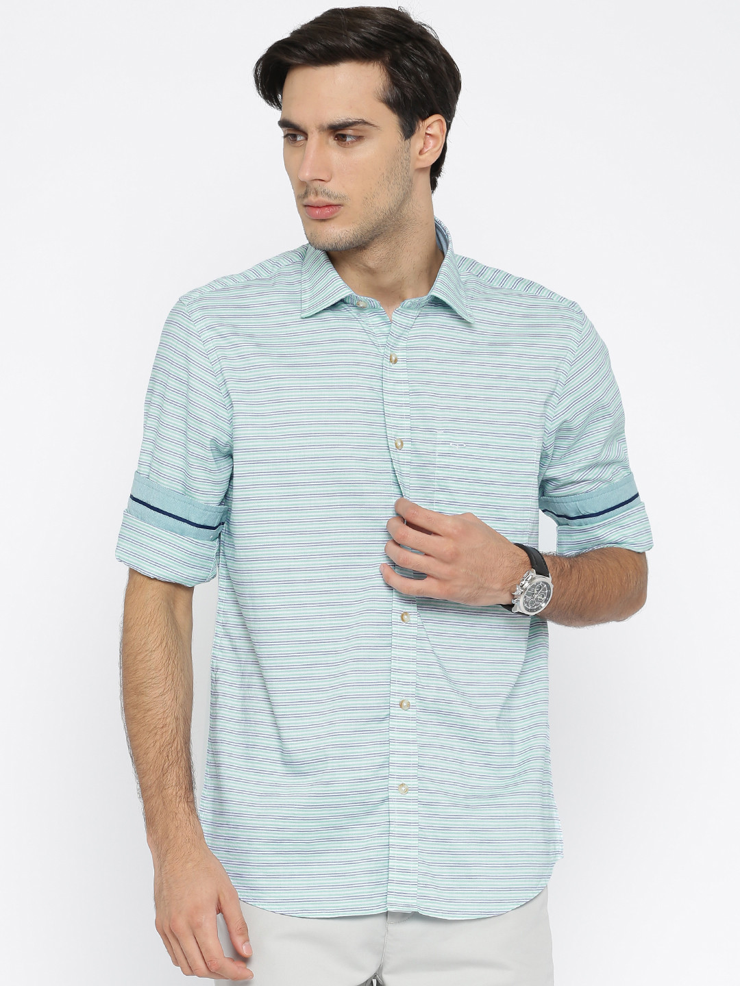 ColorPlus Men White Striped Casual Shirt
