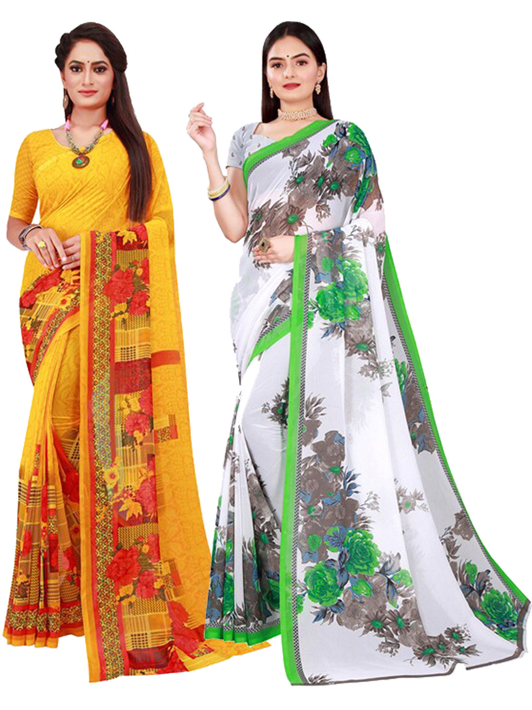 KALINI Yellow & White Pure Georgette Saree