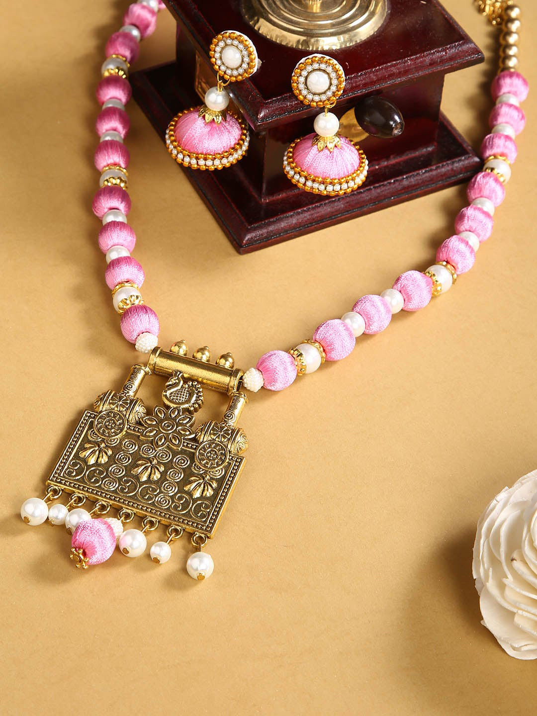 AKSHARA Pink & Gold-Toned Beaded Jewelry Set