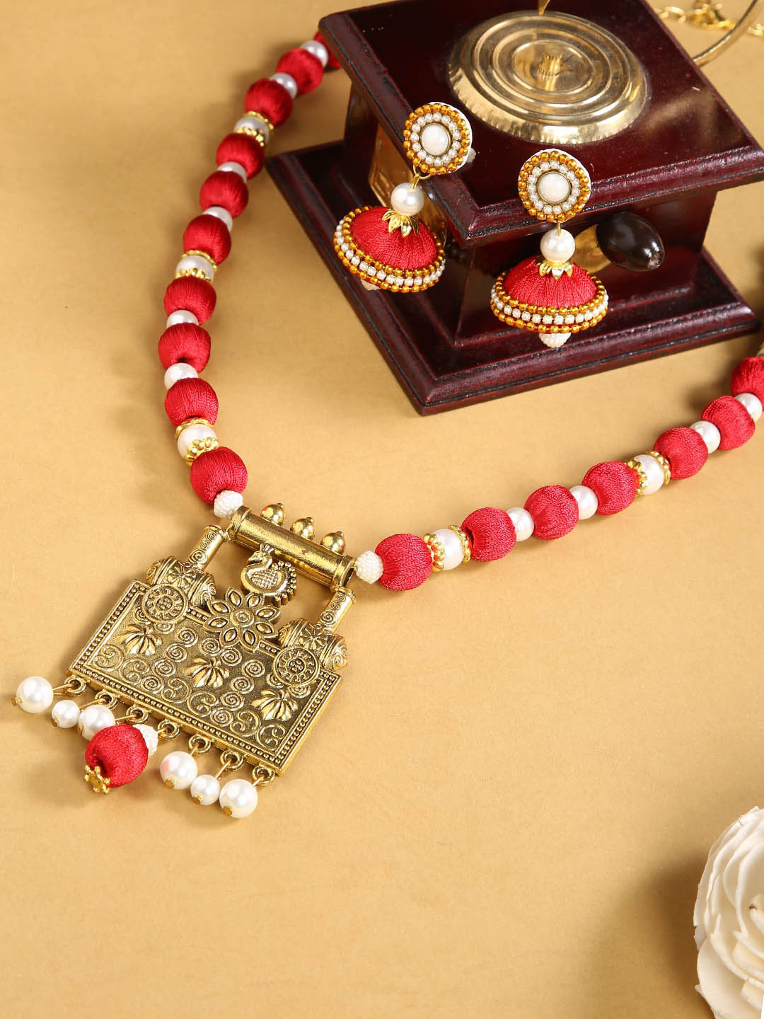 AKSHARA Red German Silver Oxidised Gold-Plated Jewellery Set