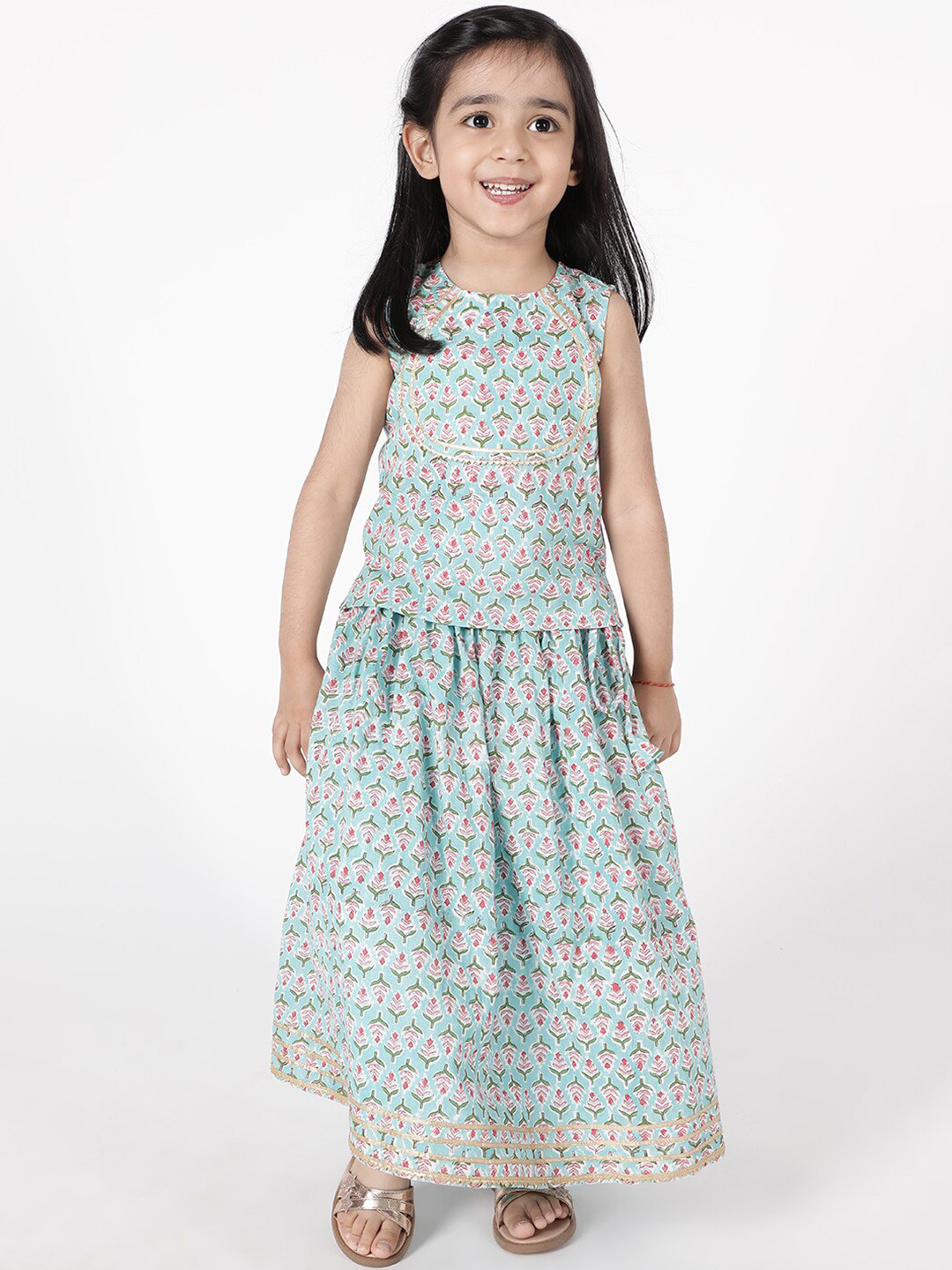 A Little Fable Girls Blue & Red Printed Ready to Wear Lehenga & Blouse With Dupatta
