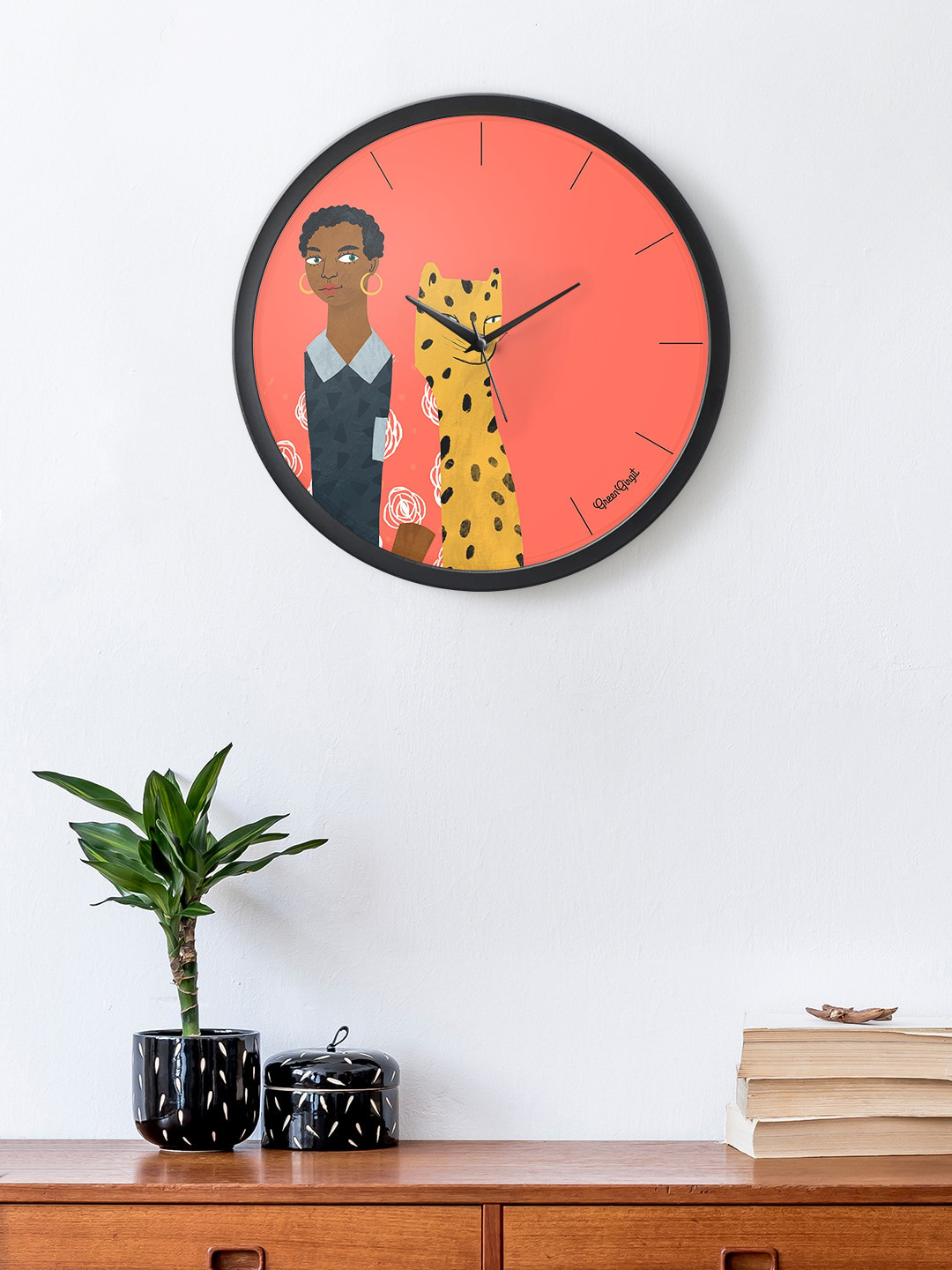 green girgit Peach-Coloured & Yellow Printed Contemporary 34.29 CM Wall Clock
