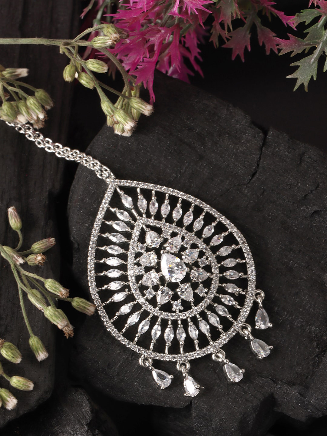 JEWELS GEHNA Silver-Plated & White AD-Studded Maang Tikka