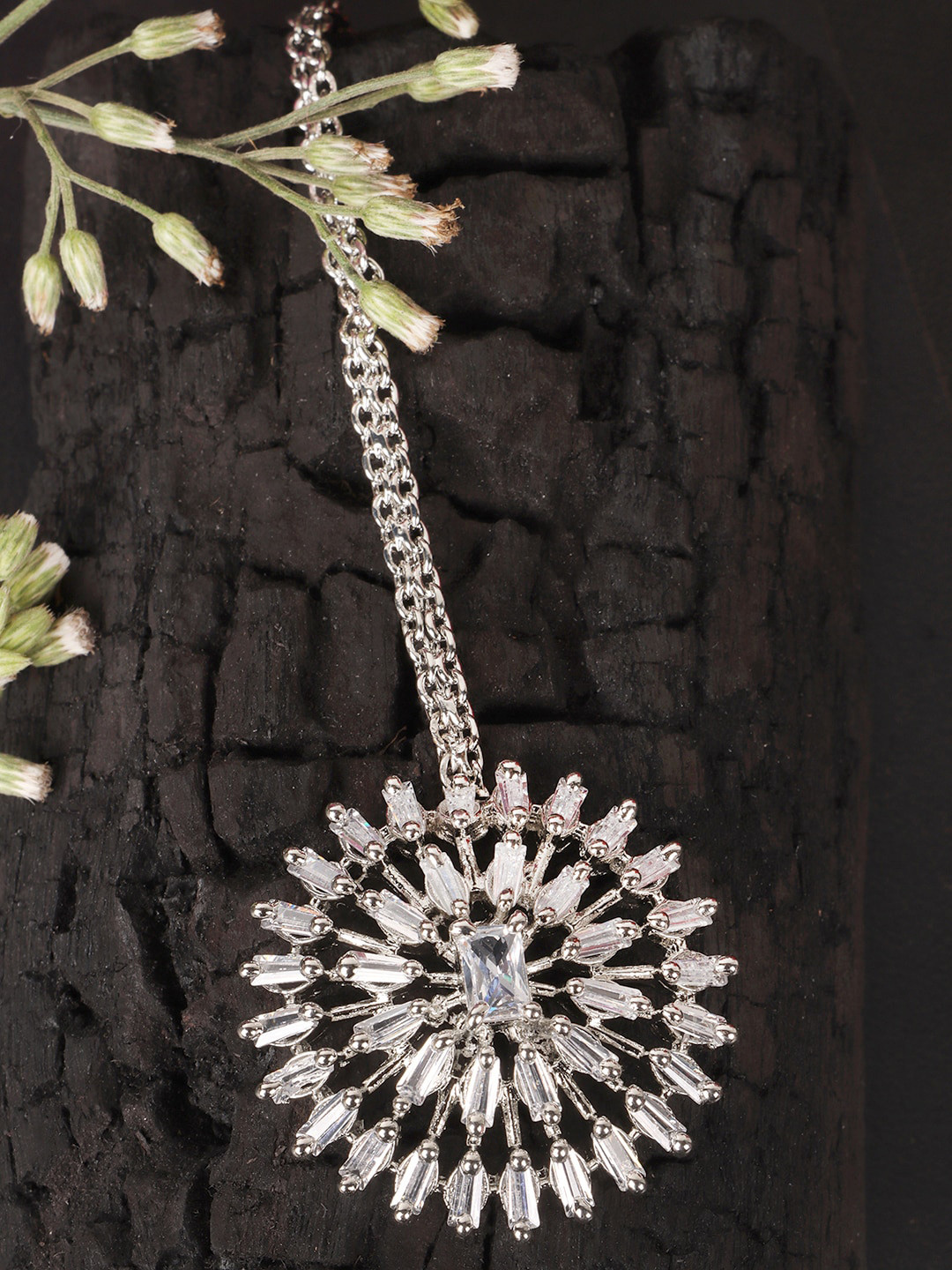 JEWELS GEHNA  Silver-Plated American Diamond Studded Maangtikka Head Jewellery