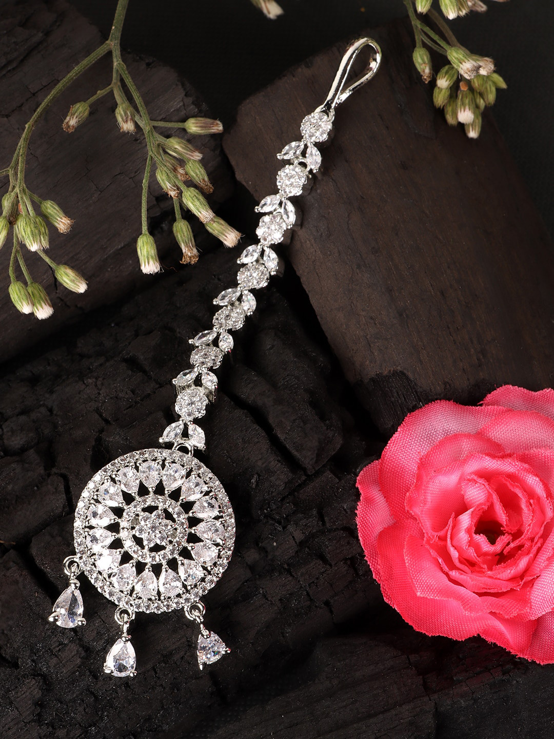 JEWELS GEHNA Silver-Plated American Diamond Studded Maangtika  Head Jewellery