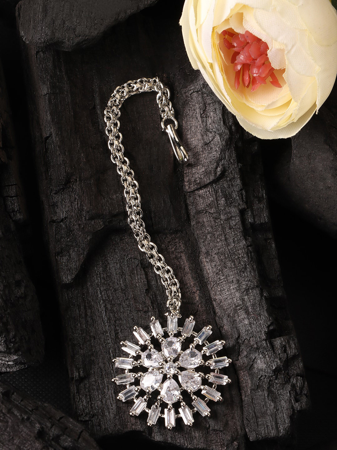 JEWELS GEHNA Silver-Plated & White AD-Studded Maang Tikka
