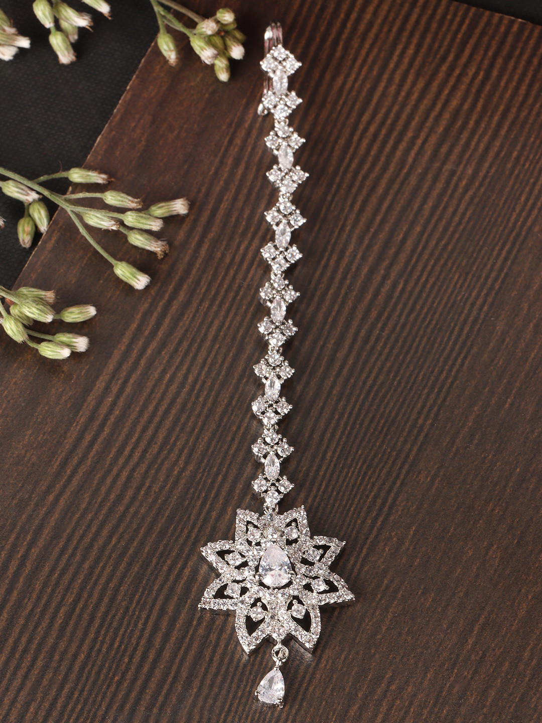 JEWELS GEHNA Silver Plated Silver AD Studded Floral Shape Maangtika