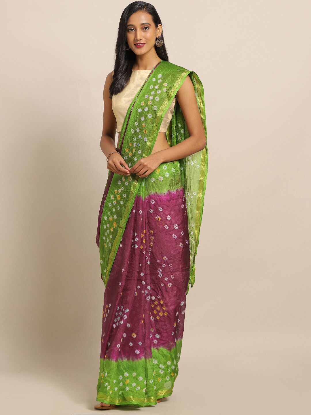 Geroo Jaipur Green & Purple Bandhani Art Silk Bandhani Saree