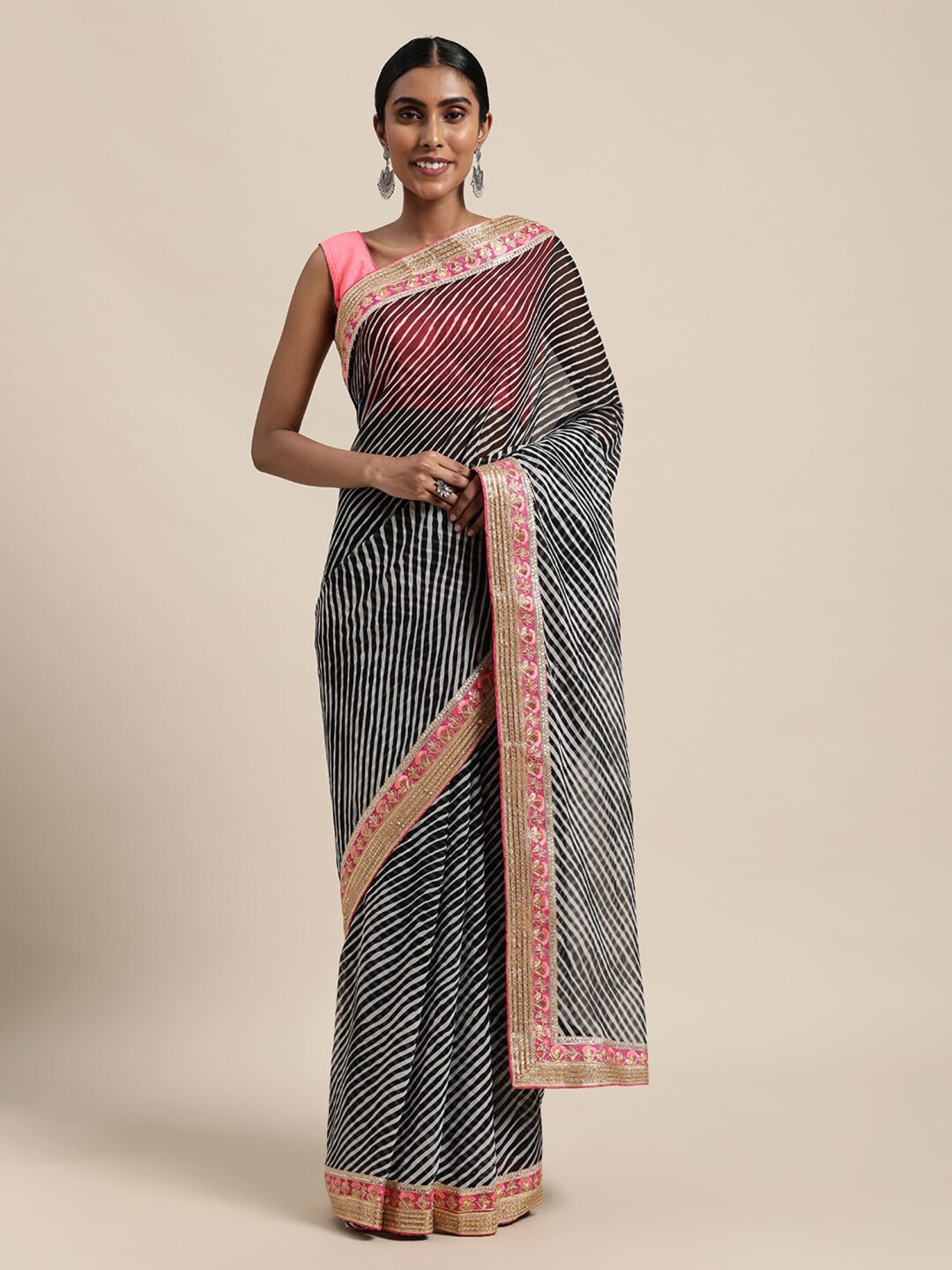 Geroo Jaipur Black & Pink Leheriya Saree