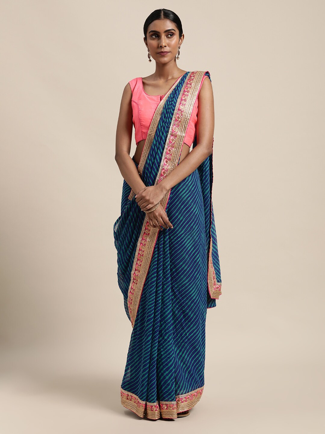 Geroo Jaipur Blue & Pink Leheriya Saree