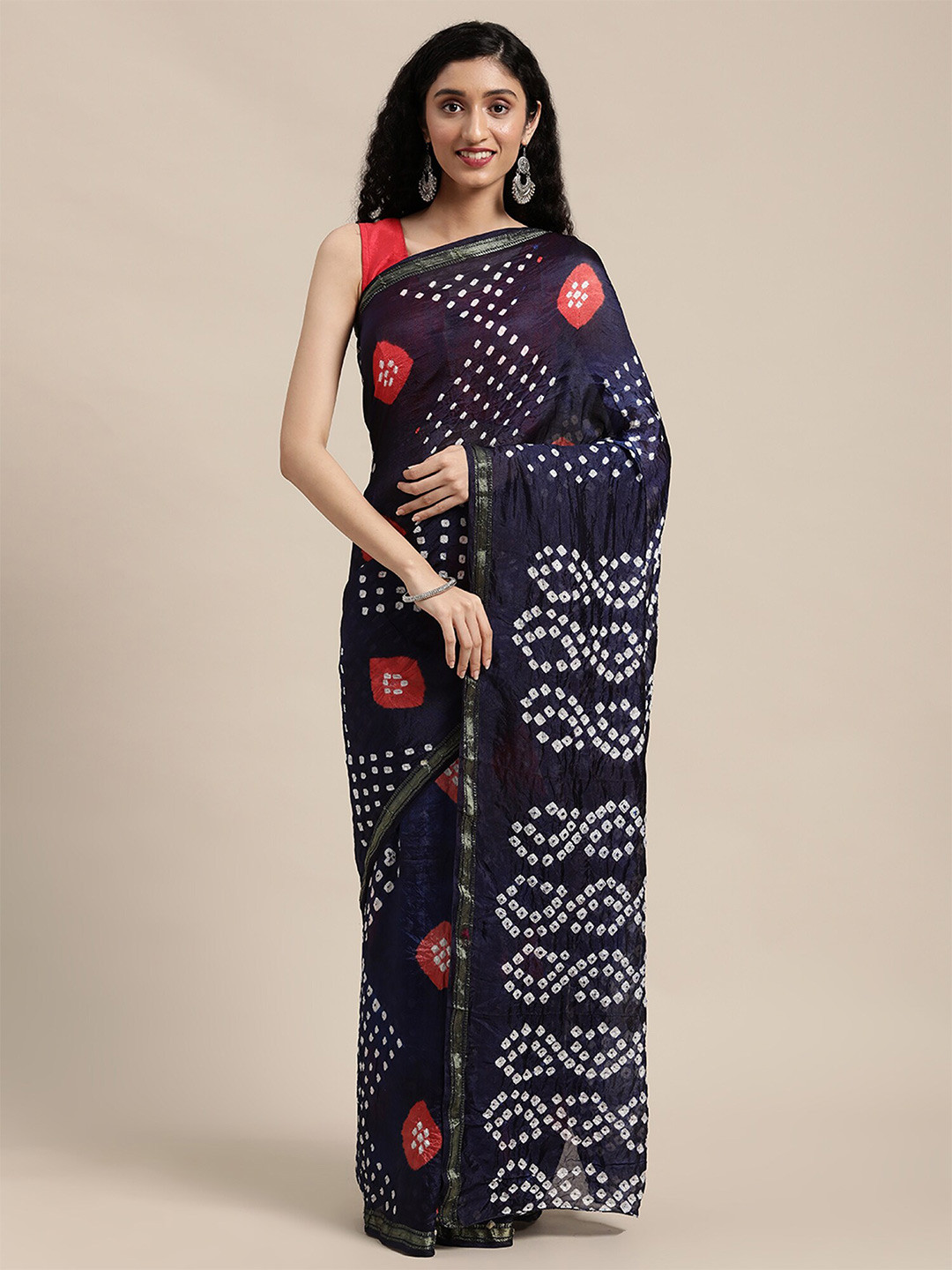 Geroo Jaipur Navy Blue & White Bandhani Art Silk Bandhani Saree