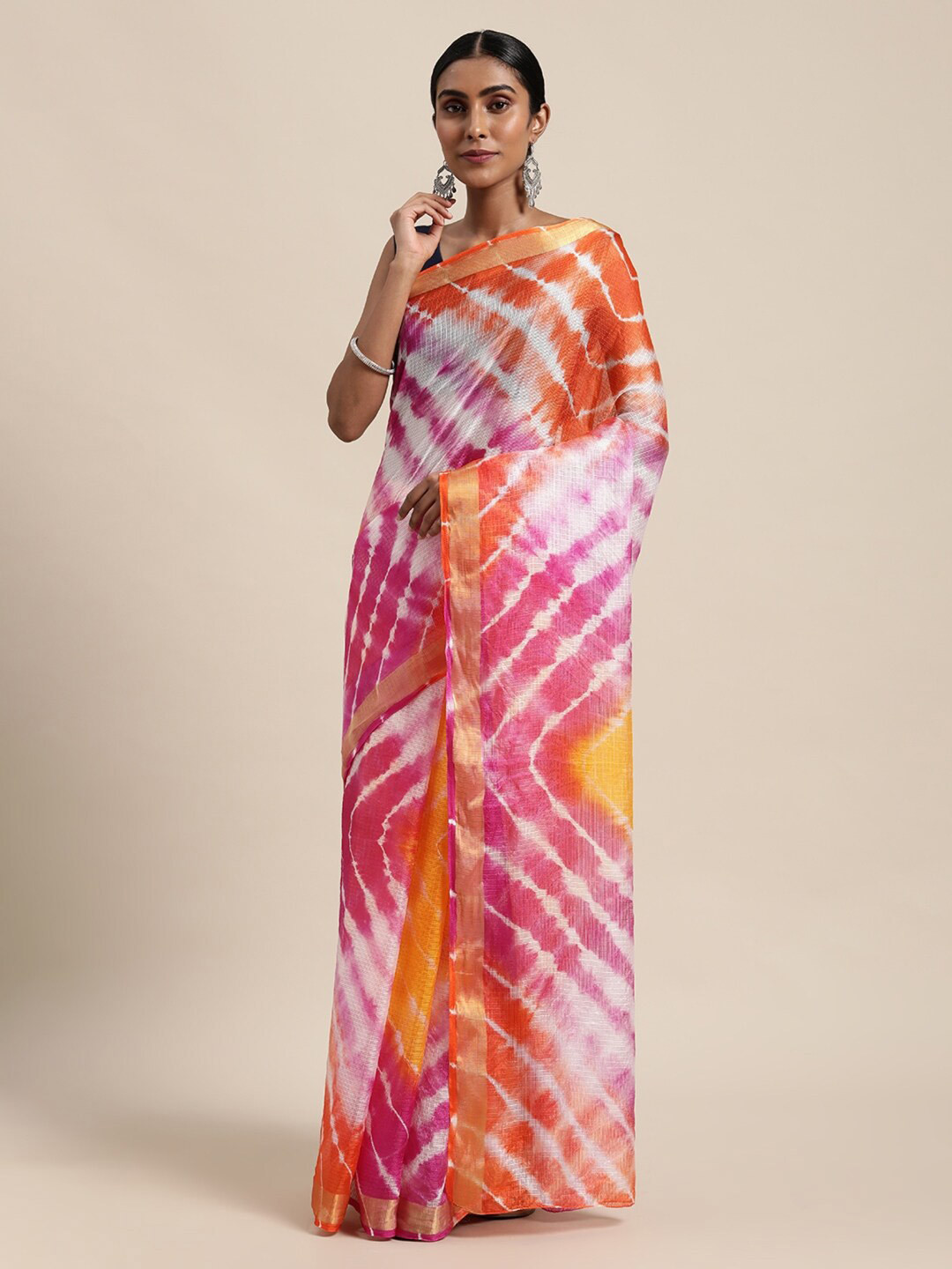 Geroo Jaipur White & Magenta Tie and Dye Silk Cotton Kota Saree