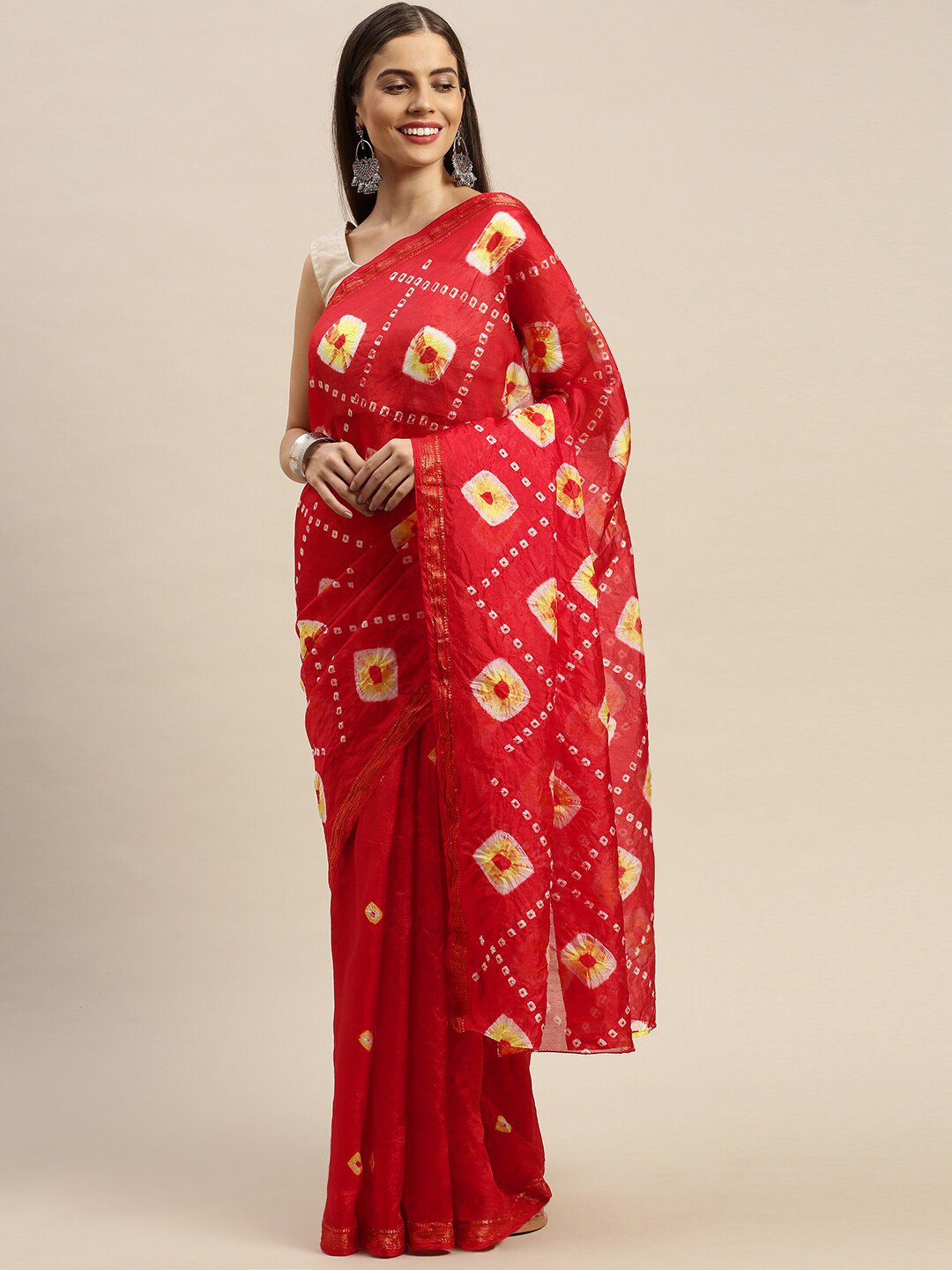 Geroo Jaipur Red & Yellow Bandhani Art Silk Bandhani Saree